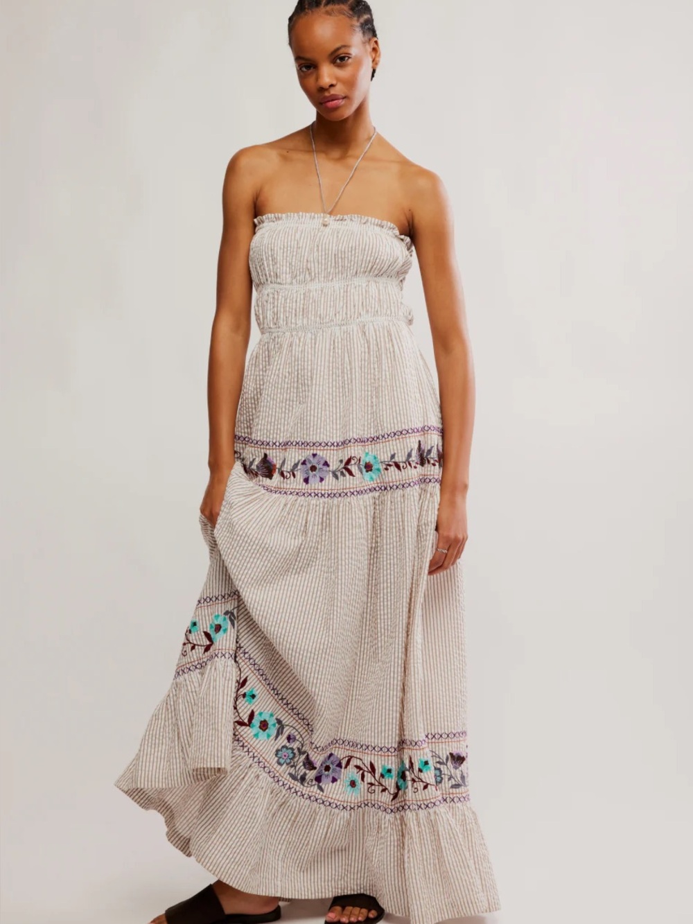 NWT Free People Kalani Strapless Maxi Dress Floral Embroidered Stripe Medium